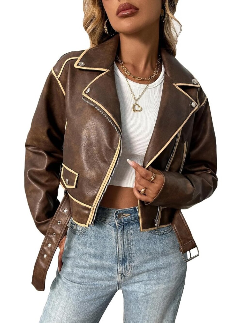 Women Rust Brown Faux Leather Cropped Distressed Zipper Belted Moto Biker Jacket